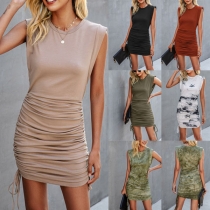Fashion Sleeveless Round Neck Side-drawstring Tie-dye Printed Wrinkled Dress