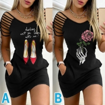 Sexy Hollow Out Short Sleeve Round Neck Heels/Flower Printed Dress