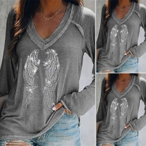 Fashion Rhinestone Wing Pattern Long Sleeve V-neck Loose T-shirt