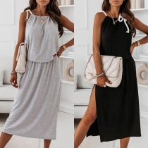 Fashion Solid Color Slit Hem Drawstring Waist Halter Sling Dress