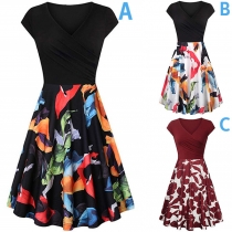 Elegant Style Short Sleeve V-neck Printed Spliced Hem High Waist Dress