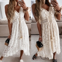Sexig V-ringad hög midja med Hög-låg fåll och Enfärgad Sling Lace-klänning