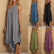 Chic Style Sleeveless Round Neck Solid Color irregular Hem Loose Dress