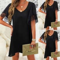 Fashion Lace Spliced Short Sleeve V-neck Loose Dress