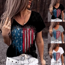 Casual Style Short Sleeve V-neck Colorful Heart Pattern Loose T-shirt
