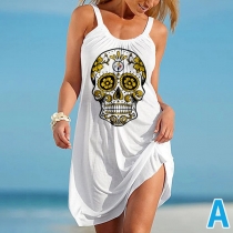 Casual Style Skull Head Printed Sleeveless Round Neck Tank Dress