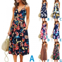 Sexy Backless V-neck High Waist Printed Sling Dress