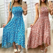 Sexy Backless High Waist High-low Hem Printed Sling Dress