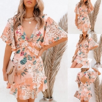 Sexy Backless V-neck Trumpet Sleeve Ruffle Hem Printed Dress