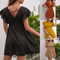 Sexy Lace Spliced Bakcless V-neck Lotus Sleeve High Waist Solid Color Dress