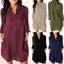 OL Style Long Sleeve POLO Collar Single-breasted Loose Shirt Dress