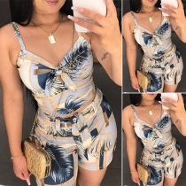 Sexy Backless V-neck High Waist Slim Fit Printed Sling Romper