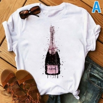 T-shirt med vinglastryck, korta ärmar och rund hals