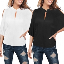 Fashion Solid Color Slit 3/4 Sleeve Stand Collar Loose Top