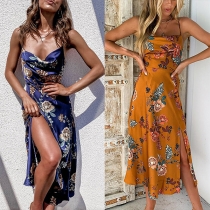 Sexy Backless Cowl Neck Slit Hem Printed Sling Dress