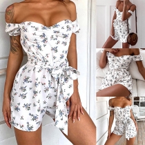 Sexy Off-shoulder Boat Neck High Waist Slim Fit Printed Romper