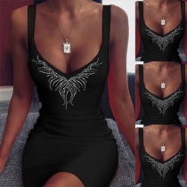 Sexy Backless V-neck Rhinestone Spliced Slim Fit Sling Dress