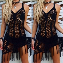 Sexy Backless V-neck Tassel Hem Hollow Out Sling Beach Smock Dress