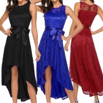 Elegant Solid Color Sleeveless Round Neck Bow-knot High Waist High-low Hem Lace Dress