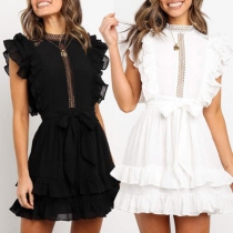Sweet Style Sleeveless Round Neck Solid Color Ruffle Cake Dress