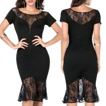 Sexy Lace Spliced Short Sleeve Round Neck Fishtail Hem Slim Fit Party Dress