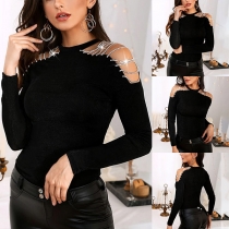 Sexy Off-shoulder Long Sleeve Round Neck Rhinestone Spliced Slim Fit T-shirt