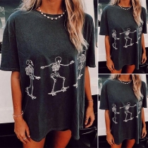 Chic Style Short Sleeve Round Neck Skull Head Printed Loose T-shirt