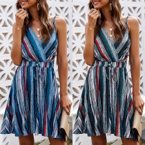 Sexy Bacless V-neck High Waist Striped Printed Sling Dress