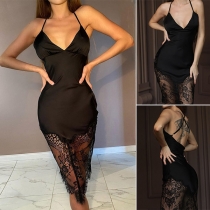 Sexy Backless Deep V-neck Lace Spliced Hem Slim Fit Sling Party Dress