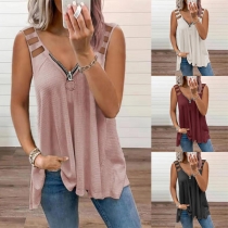 Sexy Gauze Spliced Sleeveless V-neck Solid COlor Loose Top