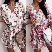 Fresh Style 3/4 Sleeve V-neck Ruffle Hem Printed Dress