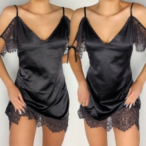 Sexy Off-shoulder V-neck Lace Spliced Solid Color Sling Dress
