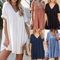 Fashion Solid Color Short Sleeve V-neck Loose Dress