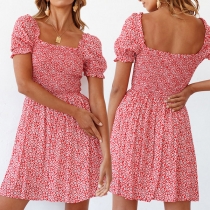 Fresh Style Puff Sleeve Square Collar High Waist Printed Dress