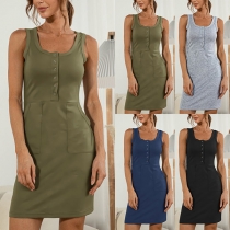 Simple Style Sleeveless Round neck Front-pocket Slim Fit Tank Dress