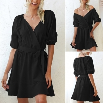 Sexy V-neck Half Sleeve Ruffle Hem Lace-up Solid Color Dress