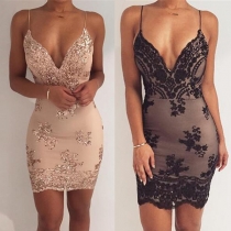 Sexig rygglös djup V-ringad paljett Slim Fit Axelbandsklänning