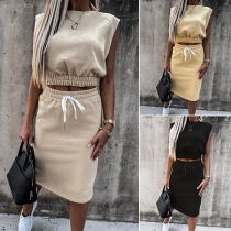 Fashion Solid Color Sleeveless Crop Top + High Waist Skirt Two-piece Set