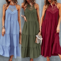 Sexy Off-shoulder Ruffle Hem Lace Spliced Solid Color Sling Top