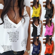 Sexig rygglös V-ringad mönstrad Sling Loose Topp