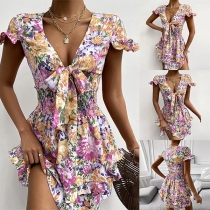 Sexy Knotted V-neck Short Sleeve Irregular Hem Printed Dress