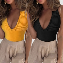 Sexy Backless Deep V-neck Solid Color Slim Fit Halter Crop Top