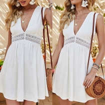 Sexy V-neck Hollow Out Lace Spliced High Waist Sleeveless Solid Color Dress