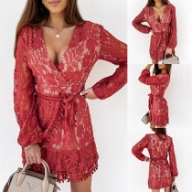 Sexy Deep V-neck Long Sleeve Lace-up Slim Fit Lace Dress