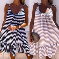 Sexy Backless Round Neck Ruffle Hem Stripe Sling Dress