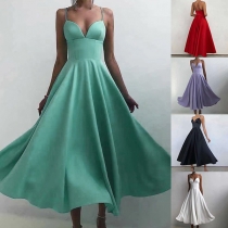Sexy Backless V-neck High Waist Solid Color Sling Party Dress