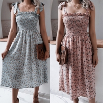 Fresh Style Backless High Waist Sling Printed Dress