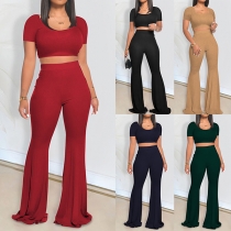 Sexy Short Sleeve Crop Top + High Waist Flared Pants Two-piece Set