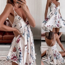 Sexy Backless Deep V-neck Printed Sling Dress