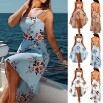 Sexy Backless High-low Hem High Waist Slim Fit Printed Sling Dress